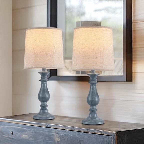 Lamps Set of 2 Vintage Rustic Farmhouse Table Lamps Bedside Reading Lamp Bedroom Nightstand Living Room Teapoy Lamp, Desk Light, 22 Inch High, Navy Blue, with Fabric Shade, Bulb Not Included