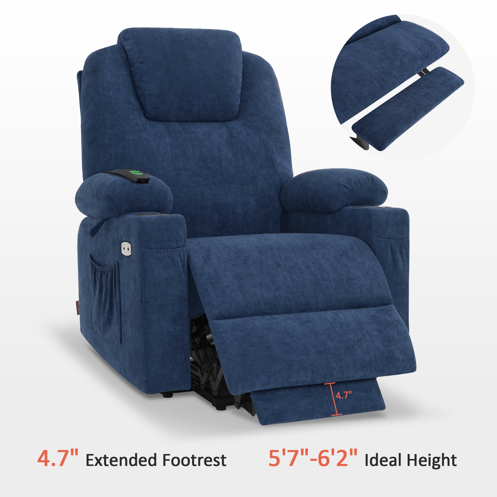 MCombo Large Power Lift Recliner Chair Sofa with Massage and Heat for Big and Tall Elderly People, 3 Positions, Cup Holders, and USB Ports, Extended Footrest, Fabric 7516(Large,Admiral)