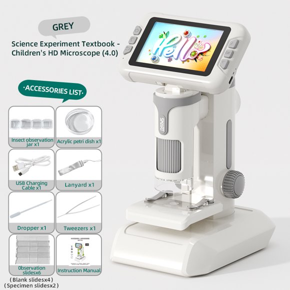 Trousse Éducative de Microscope Scientifique pour Enfants - Écran HD 1600x de 3,97 Po, Pile au Lithium Rechargeable, 3 Niveaux d'Éclairage, 8 Réglages de Volume avec 4 Diapositives Vierges et 2 Préparées, Pincettes, Compte-Gouttes, Pot pour Insectes &