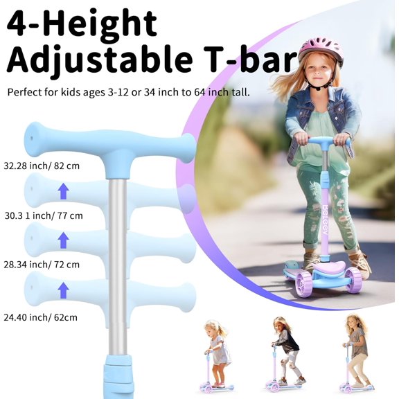 Kids 3 Wheel Scooter with LED Light- Wheels, Adjustable Height for Ages 3-12
