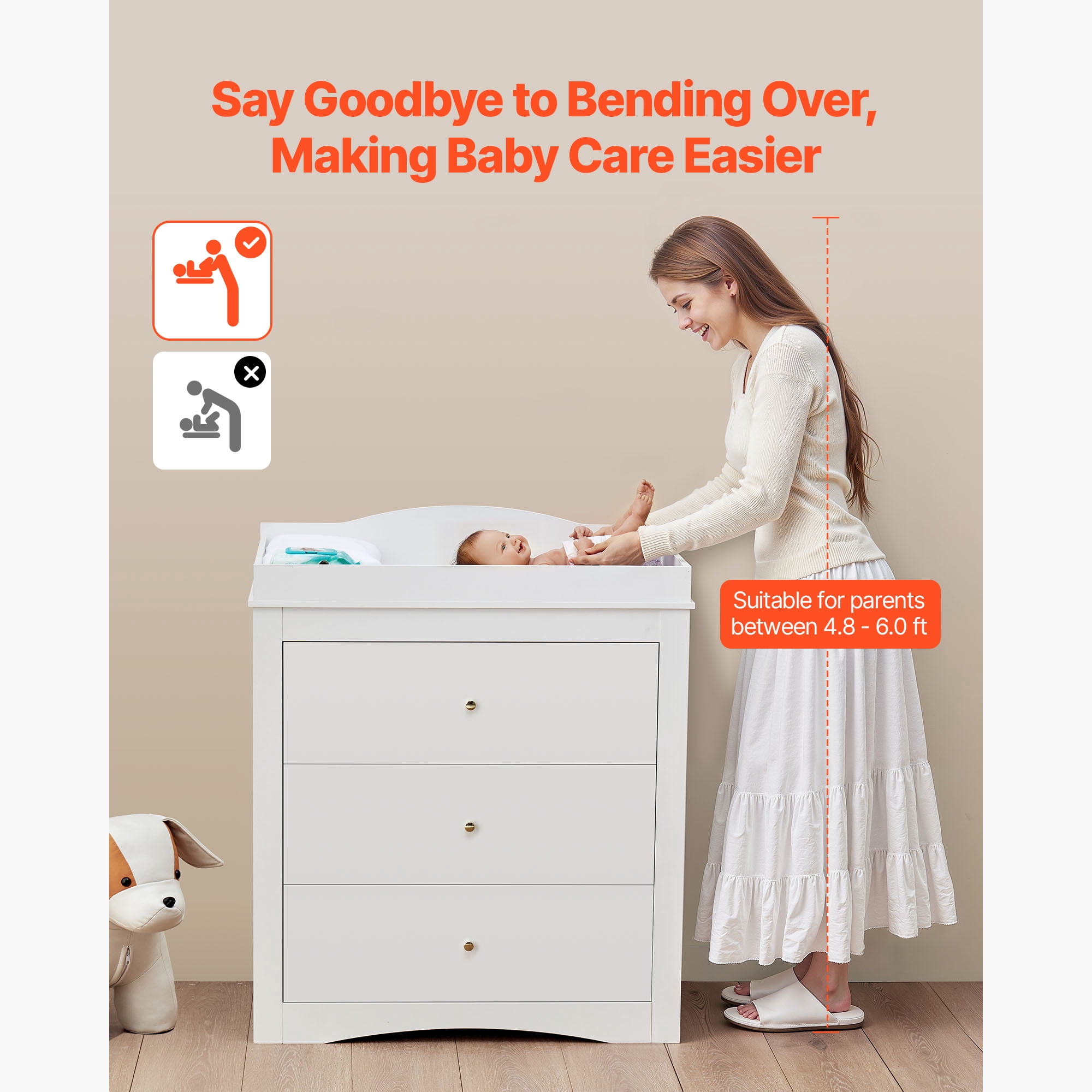 KFFKFF Modern Baby Changing Table Dresser with 3 Storage Drawers, Multi-Functional Organizer for Nursery and Children's Room, White
