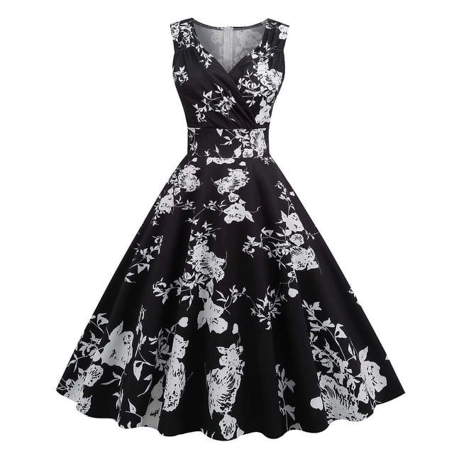 CEHVOM Robes de Cocktail Vintage Sans Manches à Col en V pour Femmes, Robes de Soirée Imprimées, Robes Extensibles