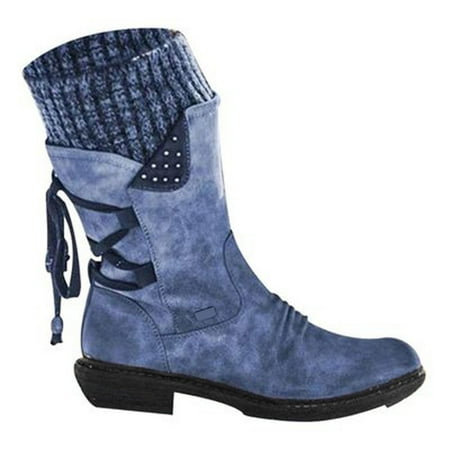 

EINCcm Autumn And Winter New Woolen Yarn Snow Boots Back Strap Plus Size Boots Women Blue 43