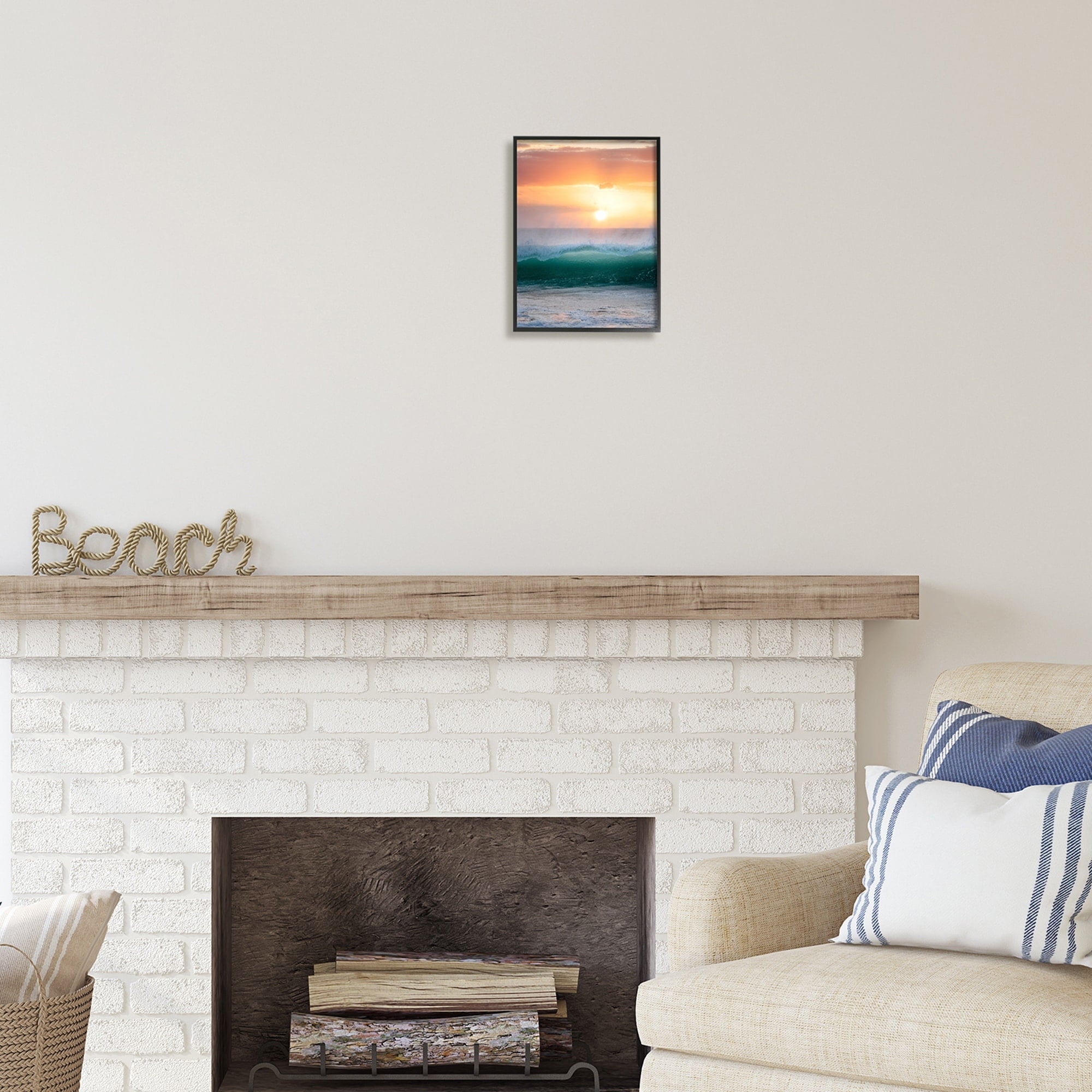 Stupell Industries Orange Sunset Rolling Ocean Waves Coastal Photography Black Framed Art Print Wall Art