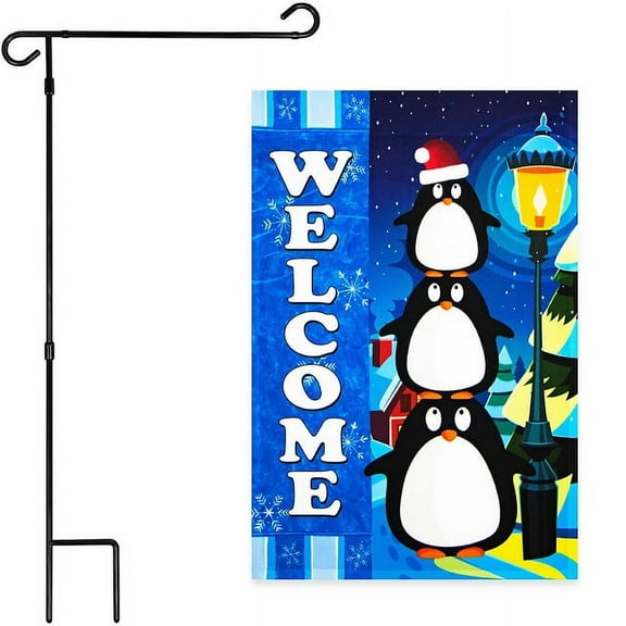 G128 Combo Pack: Garden Flag Stand Black 36x16IN & Garden Flag Welcome Three Penguins 12x18IN