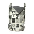 thumbnail image 1 of Geometrical Laundry Bag, Boho Style Tribal Abstract Squares Triangles Aztec Contemporary Art Deco Like, Basket with Handles Drawstring Closure for Laundromats, 13" x 19", Grey Cream, by Ambesonne, 1 of 4