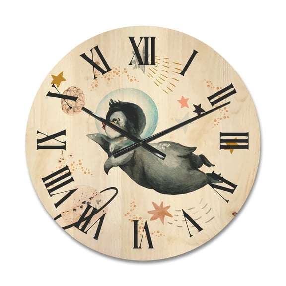 Designart 'Little Penguin Flying Planets and Stars II' Farmhouse Wood Wall Clock