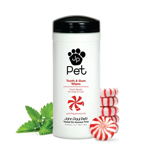 John Paul Pet Tooth and Gum Pet Wipes for Dogs and Cats, Infused with Peppermint Oil, 7" x 7