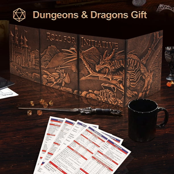 Famard DND DM Screen 5 Panel Faux Leather Dungeon Master Screen | 3D embossed faux leather DM screen with clear GM pockets. A tabletop RPG accessory for DND players and game
