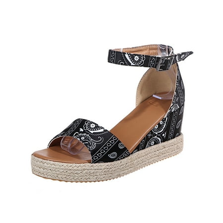 

UKAP Womens Wedge Heels Ankle Strap Wedges Summer Platform Sandals Lightweight Casual Shoes Ladies Espadrilles Floral Comfort Black 8