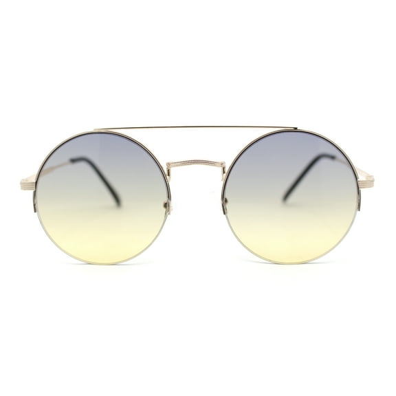 Hippie Gradient Round Circle Lens Metal Half Rim Double Bridge Sunglasses Gold - Yellow Smoke