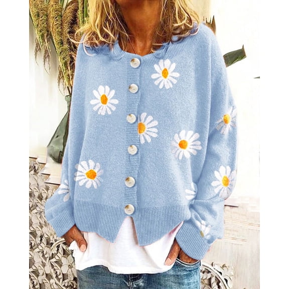 Women's Floral Button Cardigan, Soft Scoop Neck Long Sleeve Knit Sweater for Work, Weekend and Layering