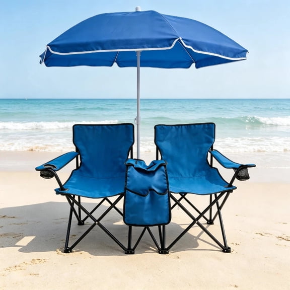 Portable Double Folding Beach Chair Set with Umbrella in Blue Color, 2-Person Outdoor Camping Chairs with Cup Holders for Picnic and Travel