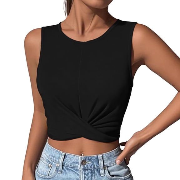 Karymi Womens Blouses Crew Neck Sleeveless Twist Front Crop Tank Top, Solid Slim Fit Cropped Wrap Hem Vest, Stretchy Summer Casual Crop Blouse Womens Workout Tops