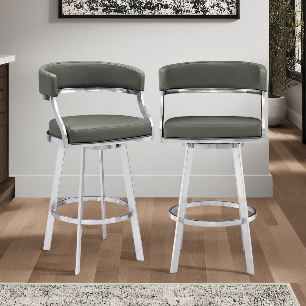Saturn Modern 30" Seat Height Gray Faux Leather and Brushed Stainless Steel Metal Swivel Bar Stool for Kitchen Island Counter