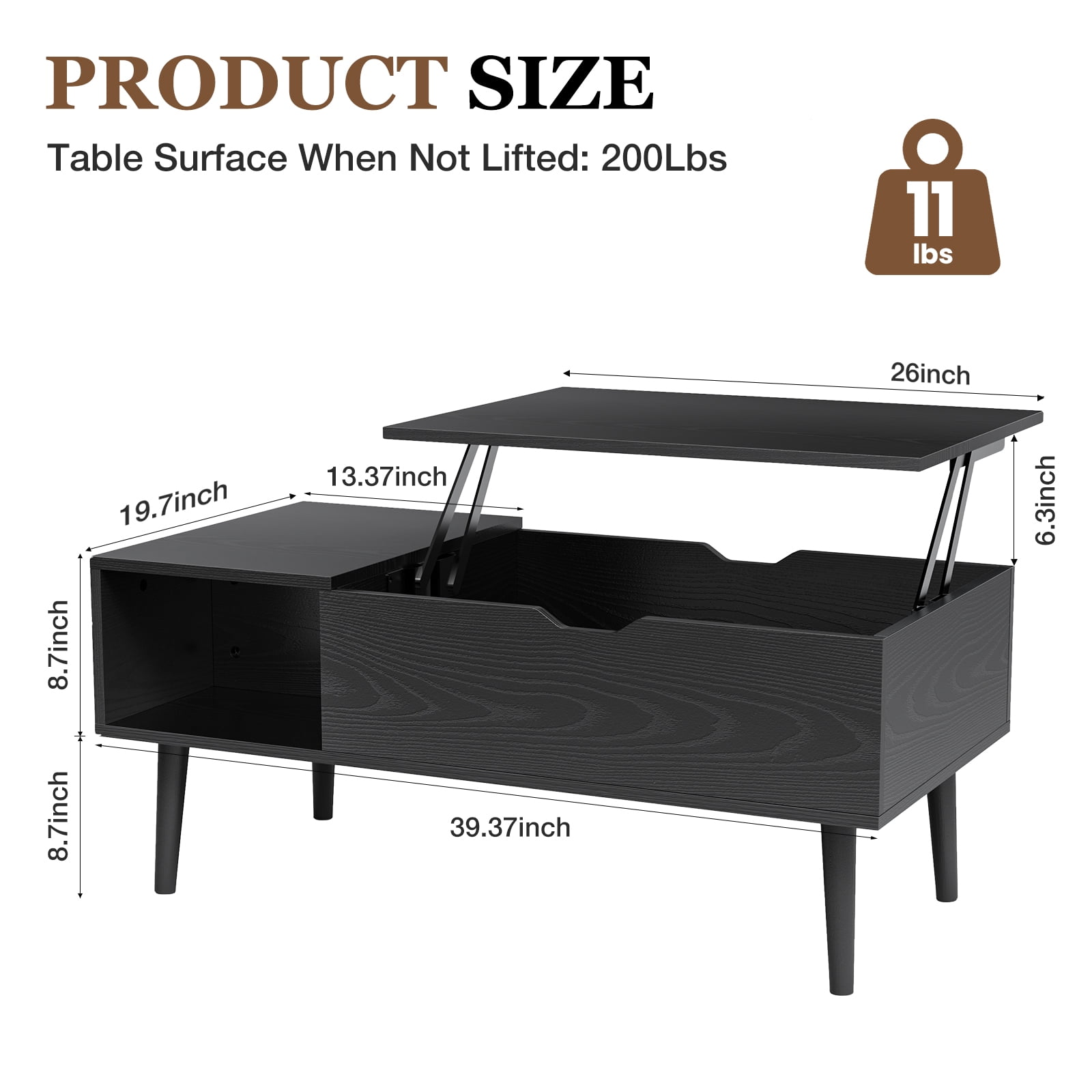 CONCETTA Modern Lift-Top Coffee Table for Living Room - Adjustable Height Convertible Center Table with Storage, Espresso Finish, Black