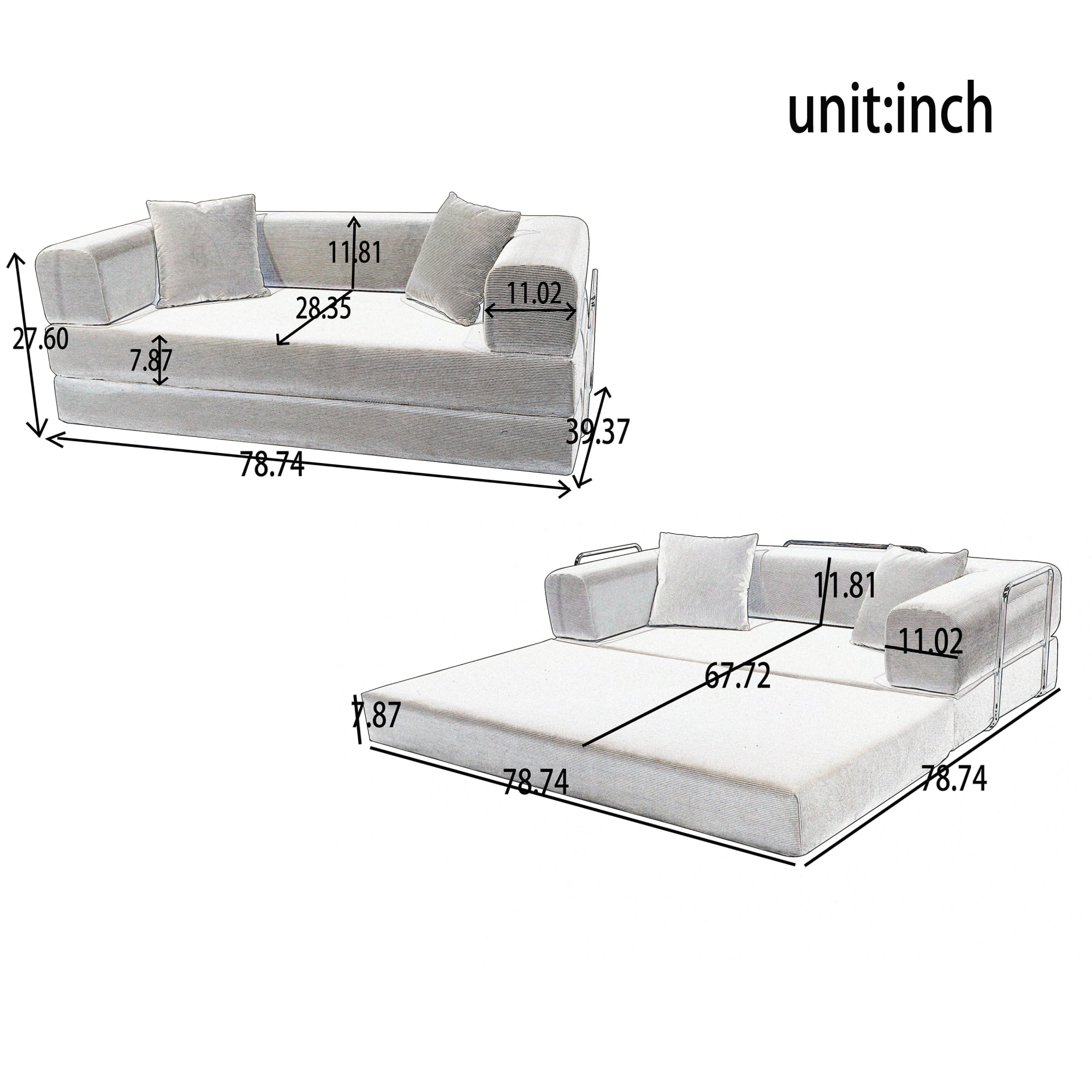 Convertible Floor Sofa Bed, Foldable Mattress Cloud Couch with Pillow Back & Armrest, Corduroy Sleeper Sofa Bed with Fixed-Shape Frame, Compressed Couch for Living Room Bedroom,Beige