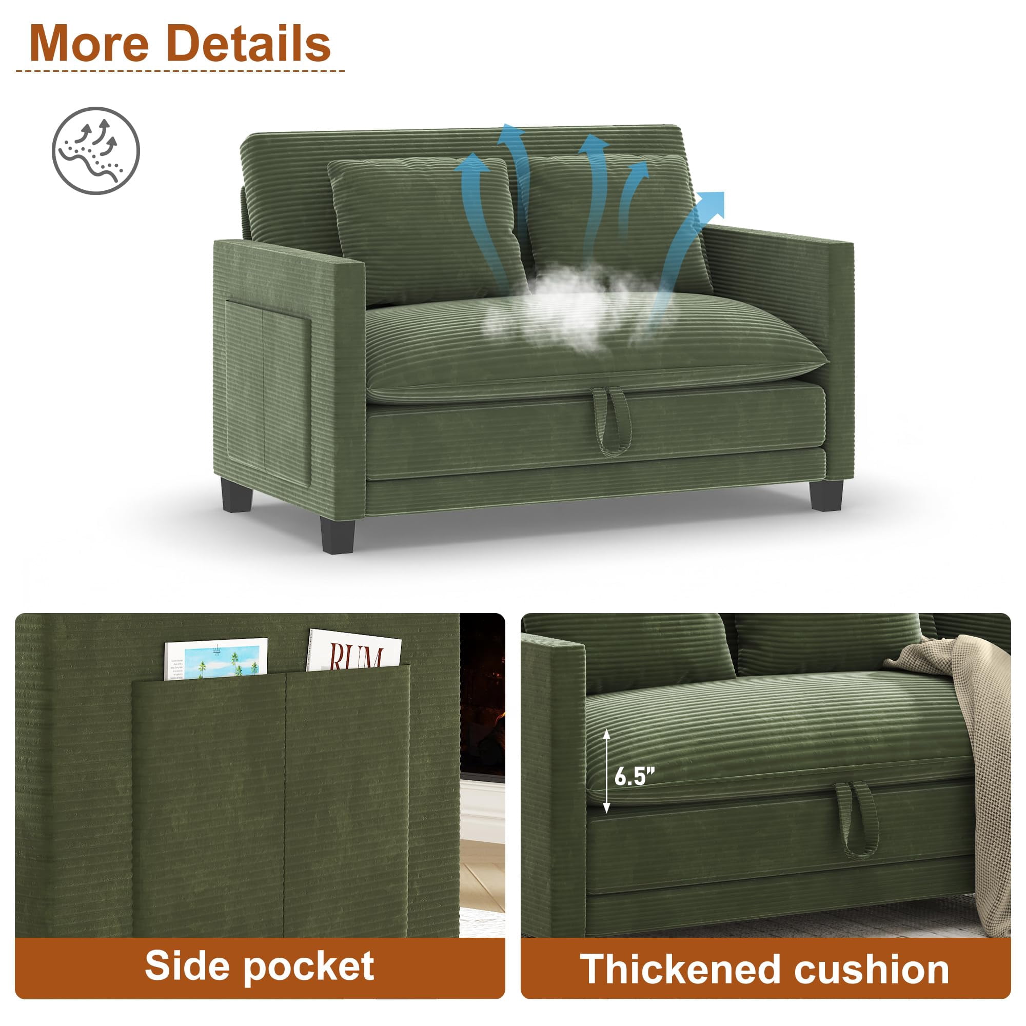 ANPOO 51 Inch Convertible Sofa Bed, 2-in-1 Folding Loveseat with Storage Pockets, 2 Pillows & Removable Cover, Modern Corduroy Sleeper Sofa for Small Spaces, Apartment and Living Room