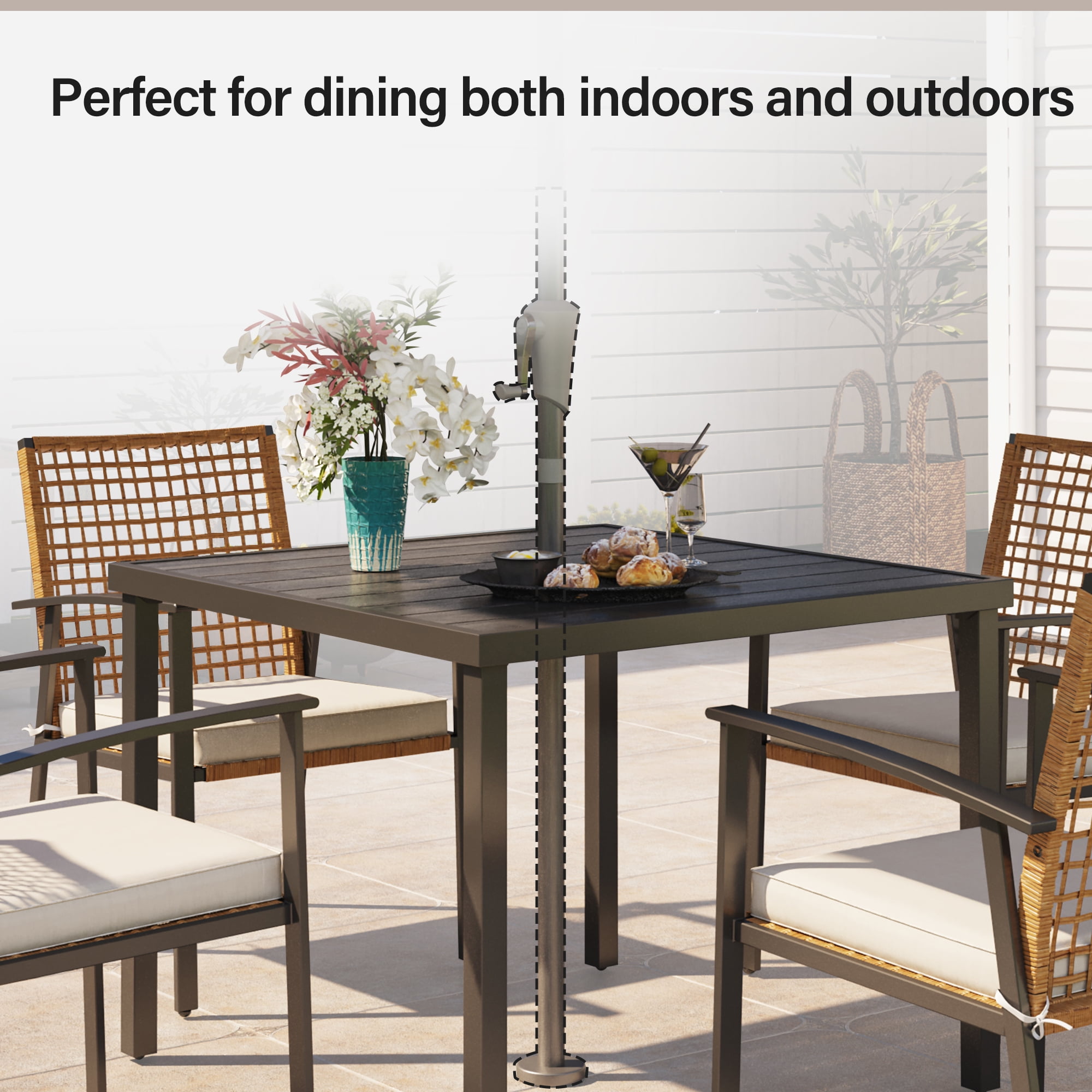 LAUSAINT HOME Patio Dining Set, 5-Piece Outdoor Wicker Furniture with Black Square Table and 4 Brown Wicker Chairs