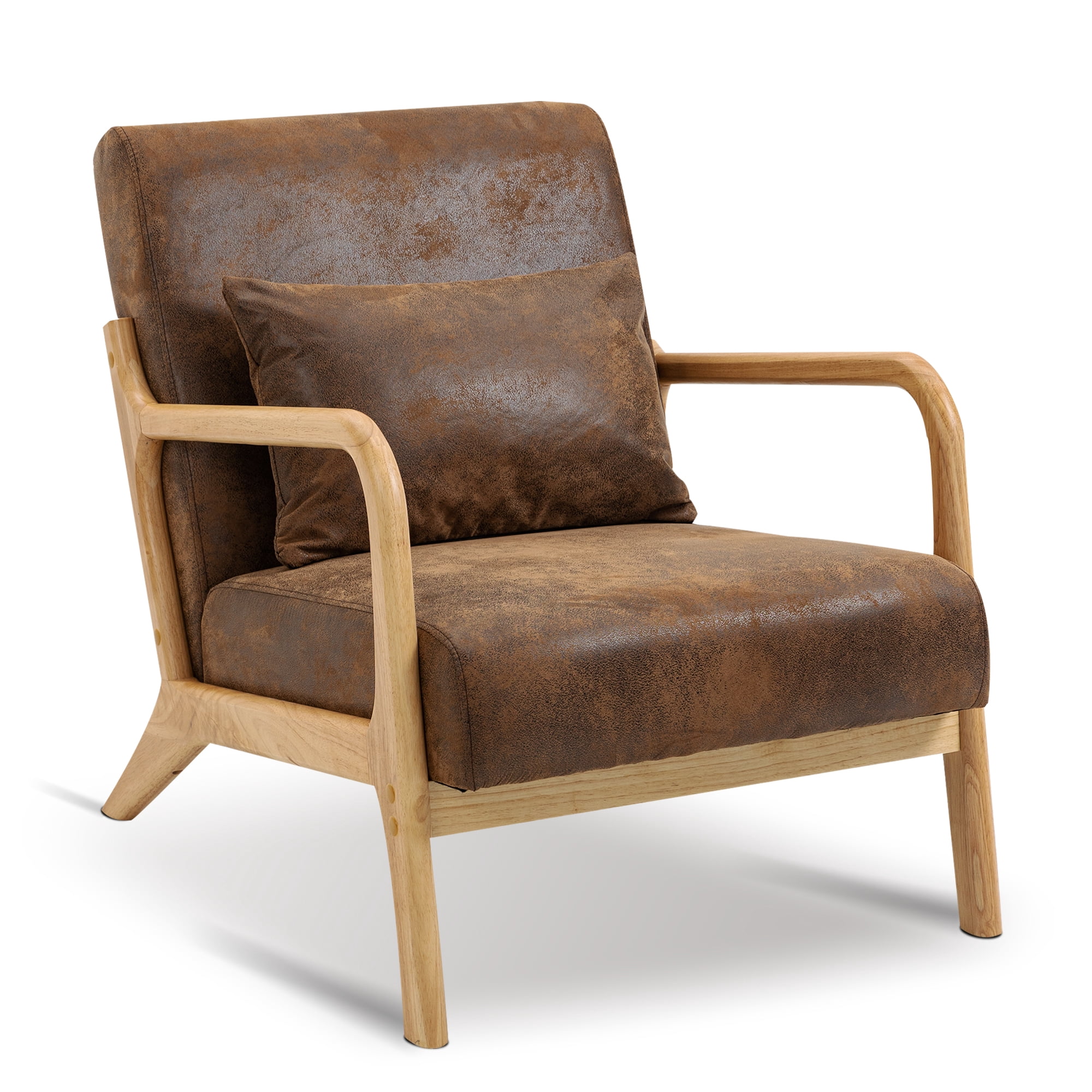 Miniyam Mid Century Modern Accent Chair with Wood Frame, Upholstered Living Room Chairs with Waist Cushion, Reading Armchair,Brown
