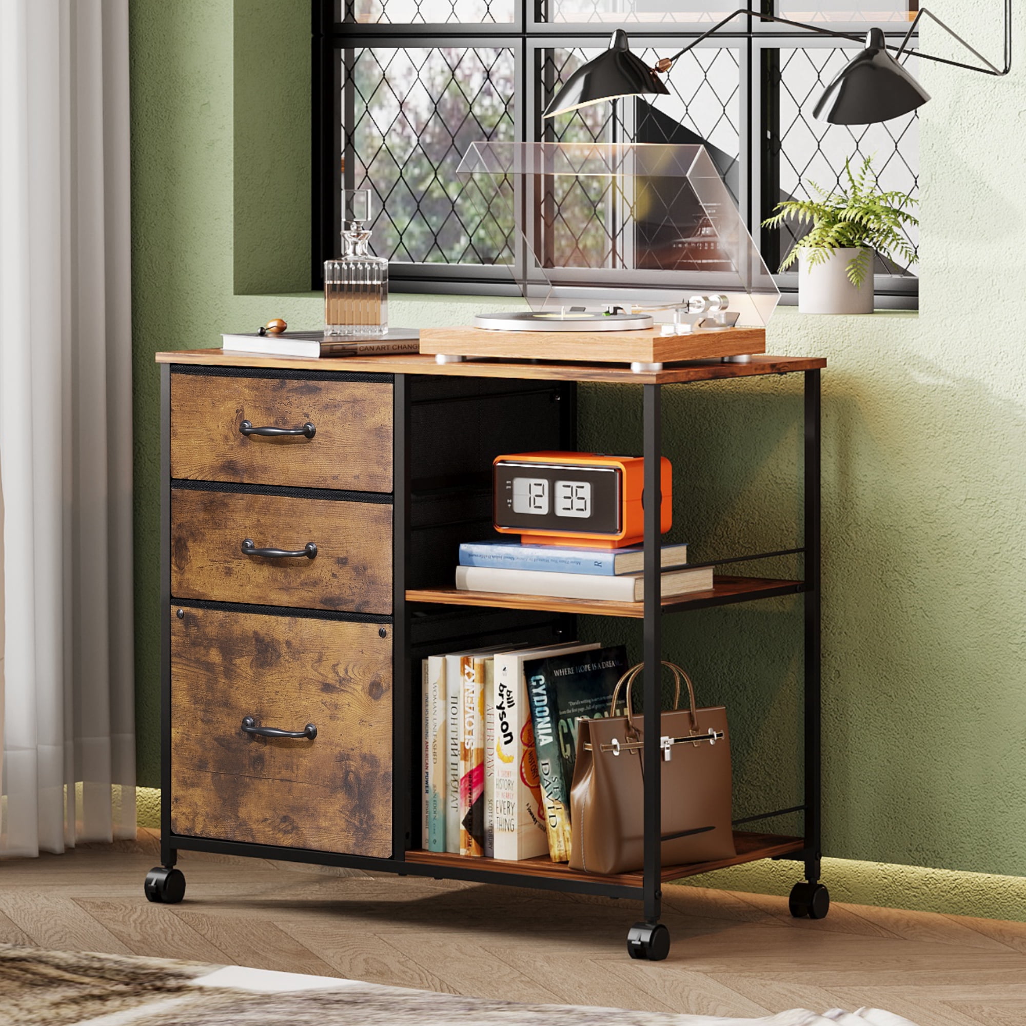 GALAXHERO 3 Drawer File Cabinet, Rolling Printer Stand with Storage, Lateral Fabric Filing Cabinet for Home Office, Rustic Brown Wood Grain, Fits Letter/A4