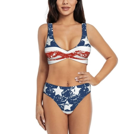 Zeuib USA Colors Stripes1 High Waisted Tummy Control Bikini Set - Knot Front Push Up Top & Cheeky Thong Bottom  Two-Piece Swimsuit for Women-Small