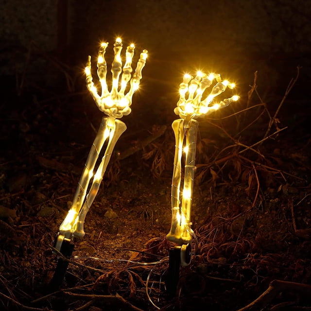 Paquete de 2 luces de estaca de brazo de esqueleto de Halloween con 48 luces LED de cadena de 5 pies TOMSHOO Lámpara de patio