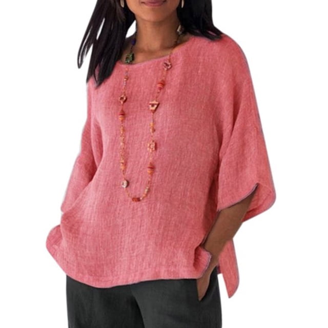 Sonducket Ropa de mujer Camisa de cuello de manga 3/4 Top casual de lino de algodón de manga 3/4 Prendas para la parte del cuerpo rosado XXL