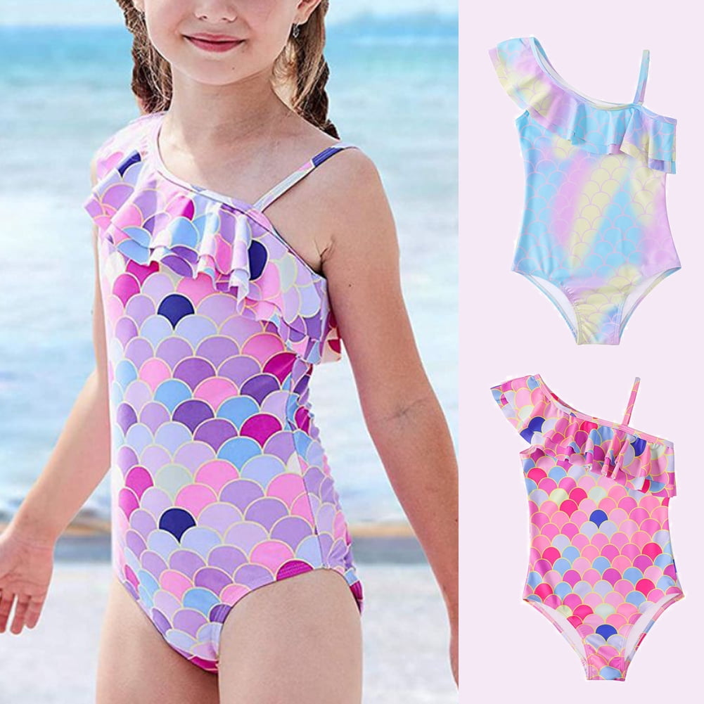 URMAGIC 512T Child Girls One Piece Mermaid Swimsuit Ruffle One