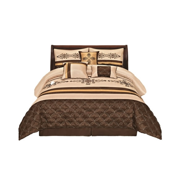Jenin Luxury 7-Pieces Beige Brown Gold Embroidery Comforter Bed-in-a-bag, Queen