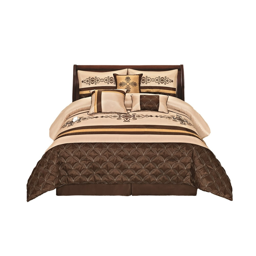 7 Pieces Complete Bedding Ensemble Beige Brown Gold Luxury Embroidery