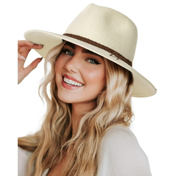 Sun Hats for Women Summer Wide Brim UV UPF 80 Panama Foldable Packable Straw Beach Hat Khaki