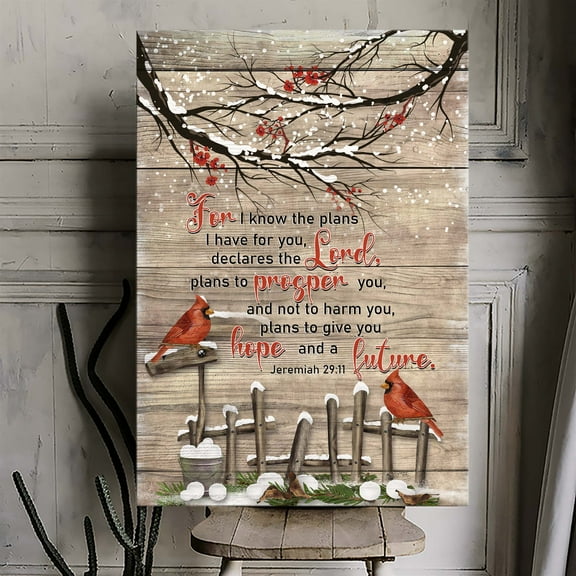Jeremiah 29:11 Canvas Wall Art – Christian Bible Verse with Cardinals and Winter Branches – Rustic Inspirational Scripture Print – Faith-Based Home Décor or Gift – Ready to Hang