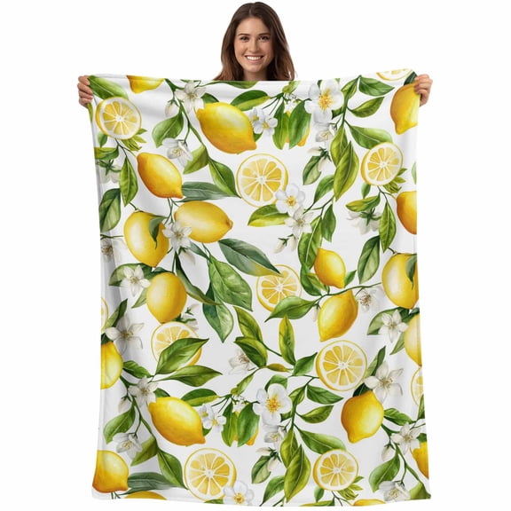 Lemon Yellow Blanket Soft Cozy Warm Throw Blanket for Couch, Plush Fuzzy Flannel Fleece Blankets for Sofa, Country Watercolor Floral Leaf Green White Bed Blankets Lightweight Gifts for Women, 50"x60"