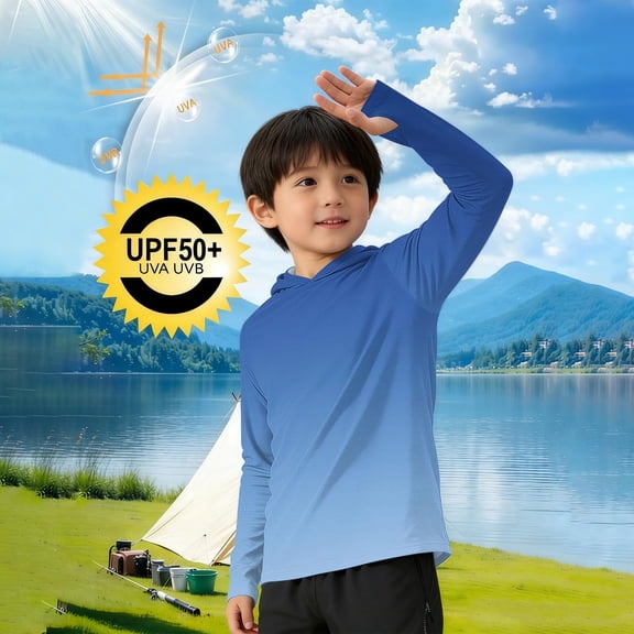 Cethrio Boys Sun Protection Shirts, Lightweight UPF 50 Summer Long Sleeve Rash Guard Shirts Light Blue Size 14-16