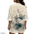 thumbnail image 2 of FKELYI Lotus Flower Leaf Dragonfly Print Womens Faux Linen Shirt for Summer Top Shirts Roll Up Sleeve Design Casual Blouse for Ladies Beach Vacation Outfits, S, 2 of 5