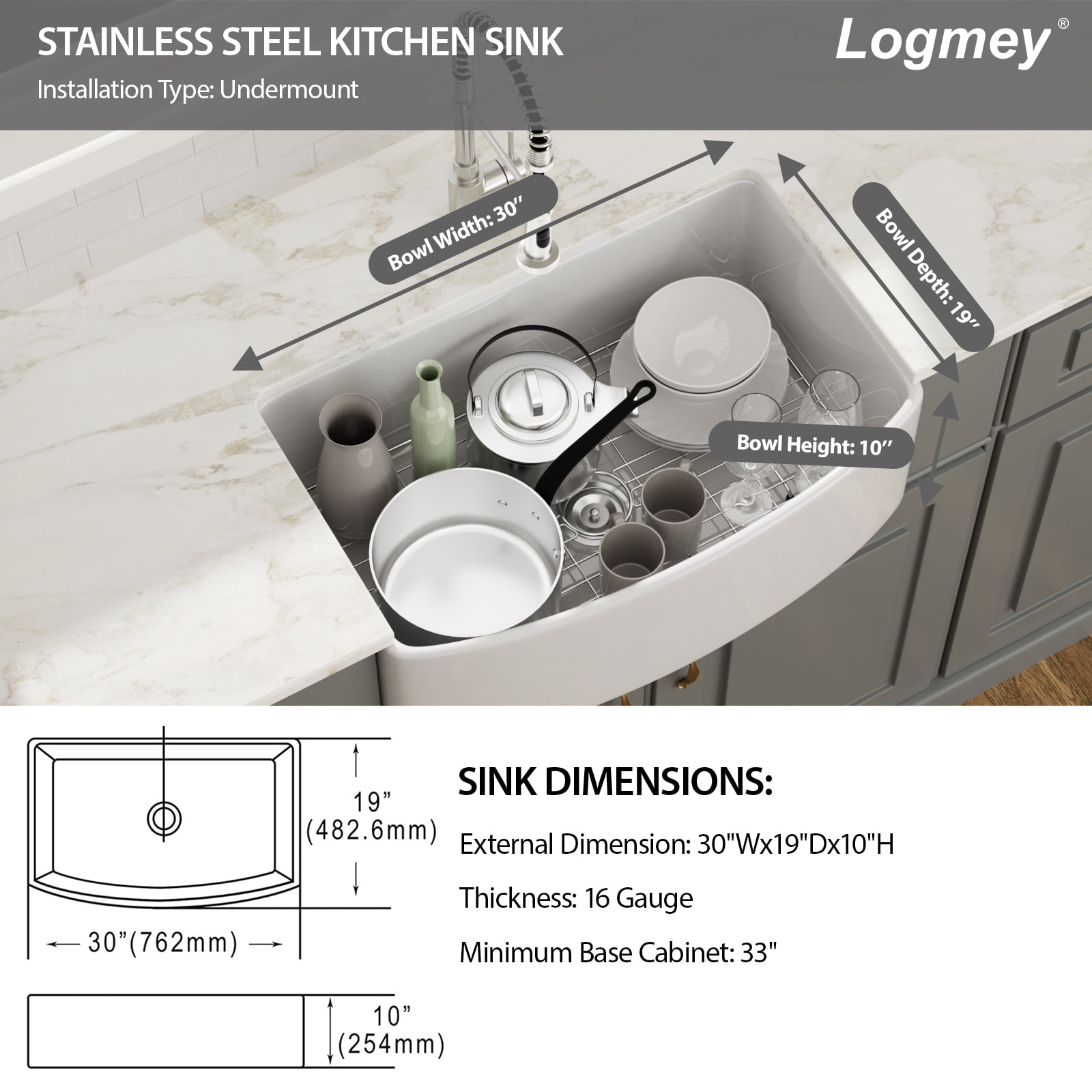 30"x19" Arc-shaped Fireclay/Creamic Single Bowl Farmhouse Apron Kitchen Sink with Bottom Grid and Drain Strainer