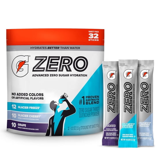 Gatorade Zero Sugar Powder, 3 Flavor Variety Pack, (32 Servings) | Electrolyte Powder Drink Mix, No Artificial Flavors, No Added Colors, Zero Sugar, Sports Drinks, Hydration