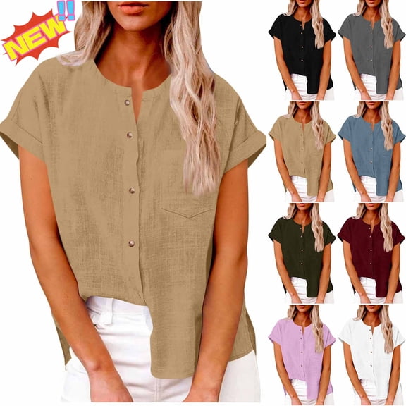 Taqqpue Womens Short Sleeve Linen Shirts Crew Neck Button Down T Shirt Loose Fit Plus Size Cap Sleeve Tops for Women