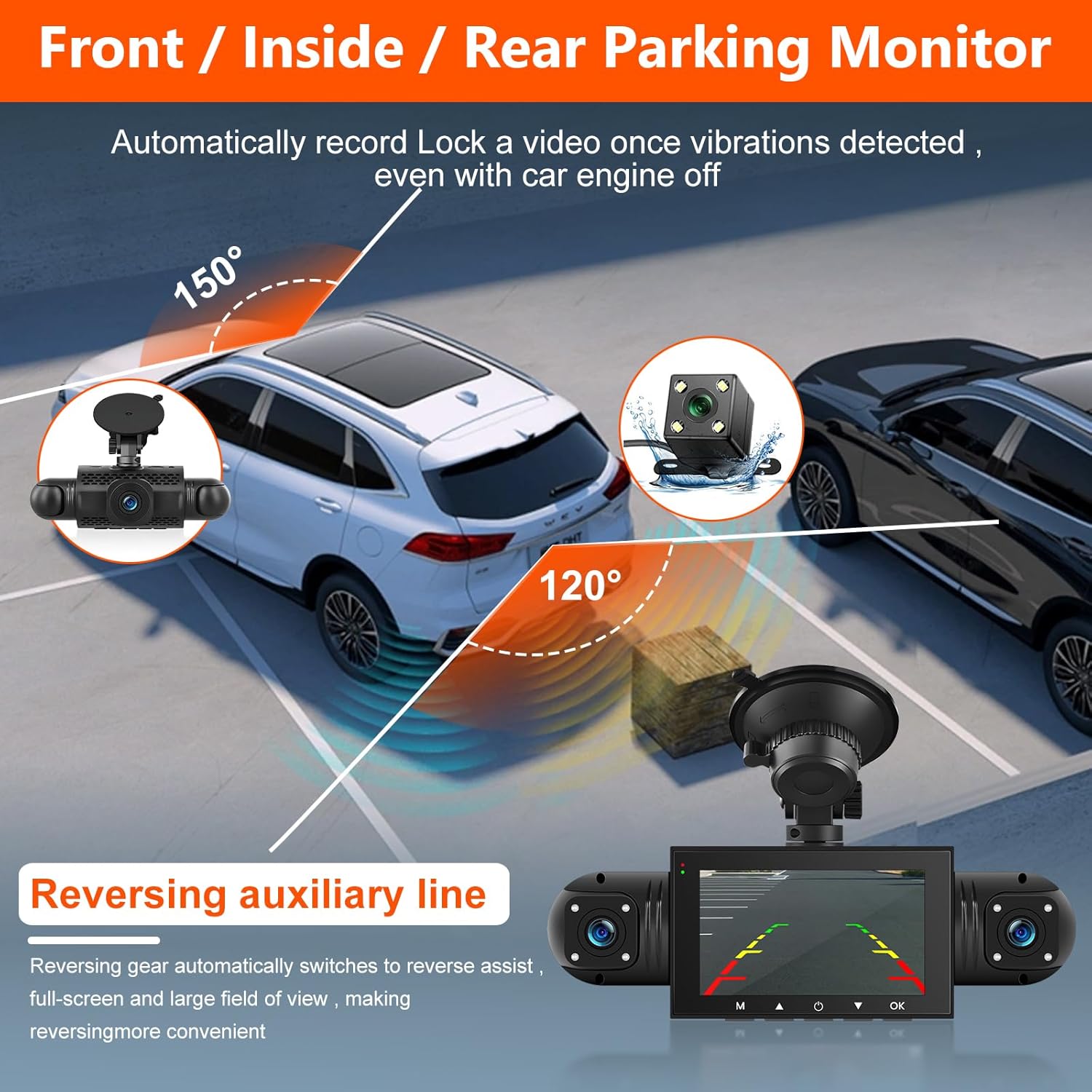 360° Dash Cam Front and Rear Inside,4 Channel 3" IPS Touchscreen Dash Cam Front and Rear Inside Left Right,4*1080P Dash Camera with 8 IR Night Vision,Loop Recording,G-Sensor,24 Hours Recording