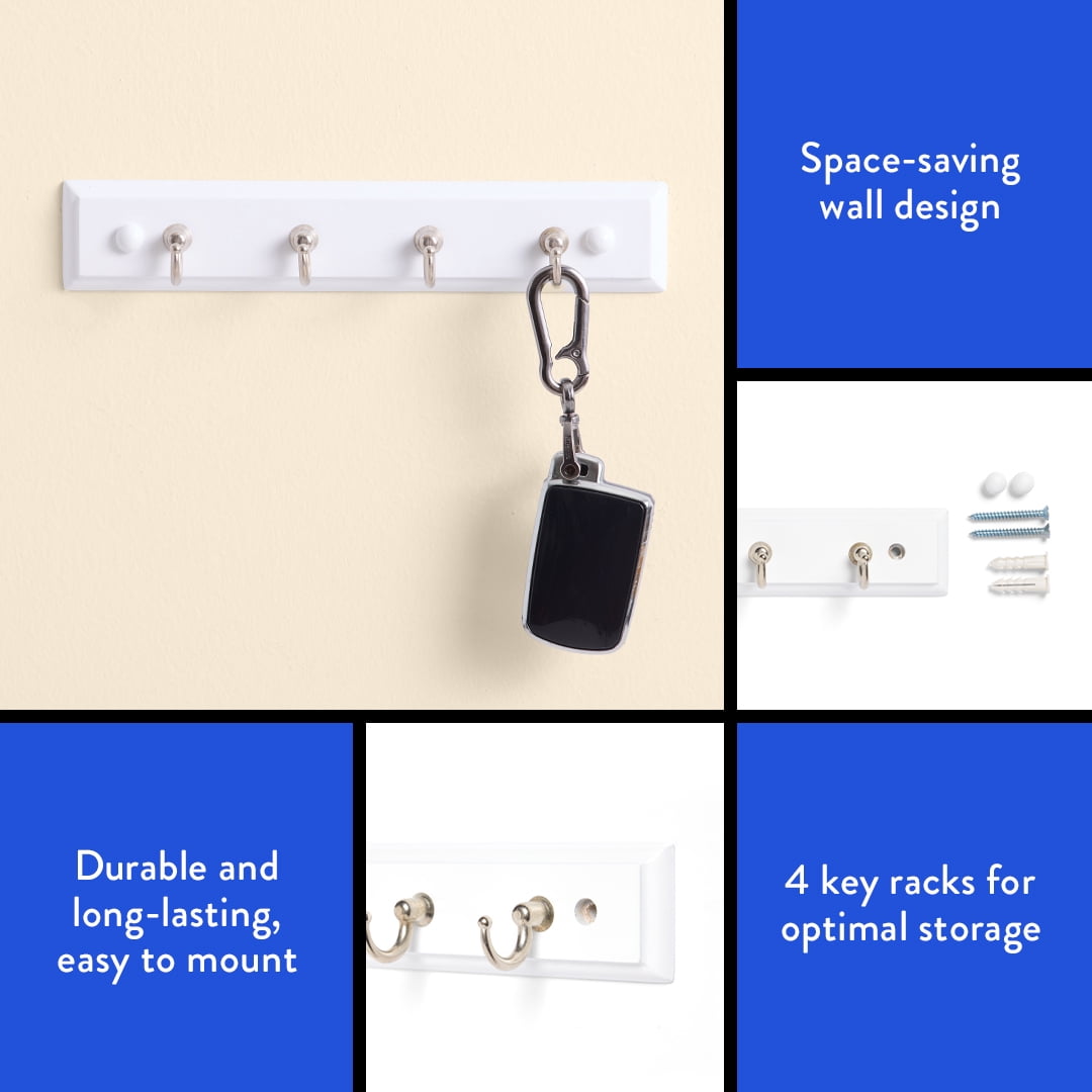 (2 pack) Mainstays White 8.75 inch Key Rail with 4 Satin Nickel Hooks for Keys, Mail, Leashes, 2 lbs Capacity, 1 Pack