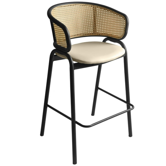 LeisureMod Bar Stool Upholstered in Leather with Powder-Coated Stainless Steel Black Base and Curved Wicker Back Design for Modern Home, Dining Room, Kitchen Ervilla Collection in Beige