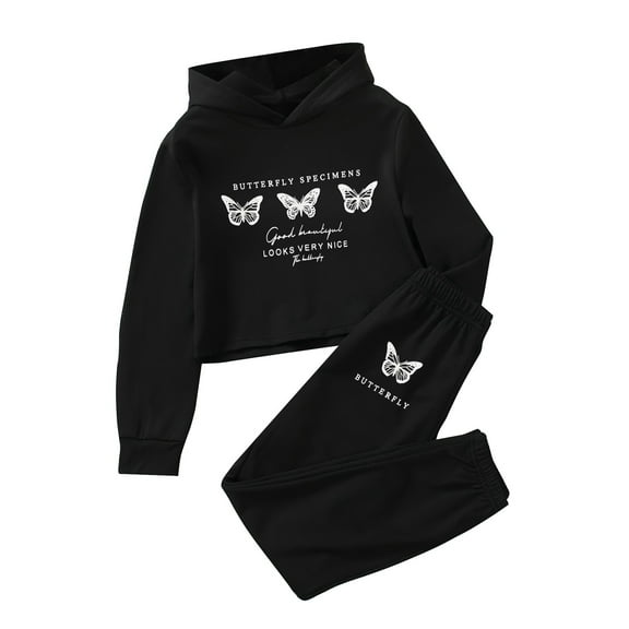 Bysome Toddler Girls Outfit Set Hooded Solid Color Butterfly Print Casual Fashion Long Sleeved Trousers Hoodie Long Sleeve Crew Neck Girl 2 Pieces Clothes Set Black Size 5-6 Years