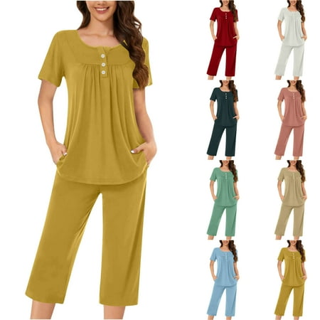 VBTAPA Womens Pajama Sets 2 Piece Lounge Set Short Sleeve Button Tunic Top with Capri Pants Solid Pjs Sets Soft Comfy Sleepwear Loungewear with Pockets Lightning Deals Today Green XL