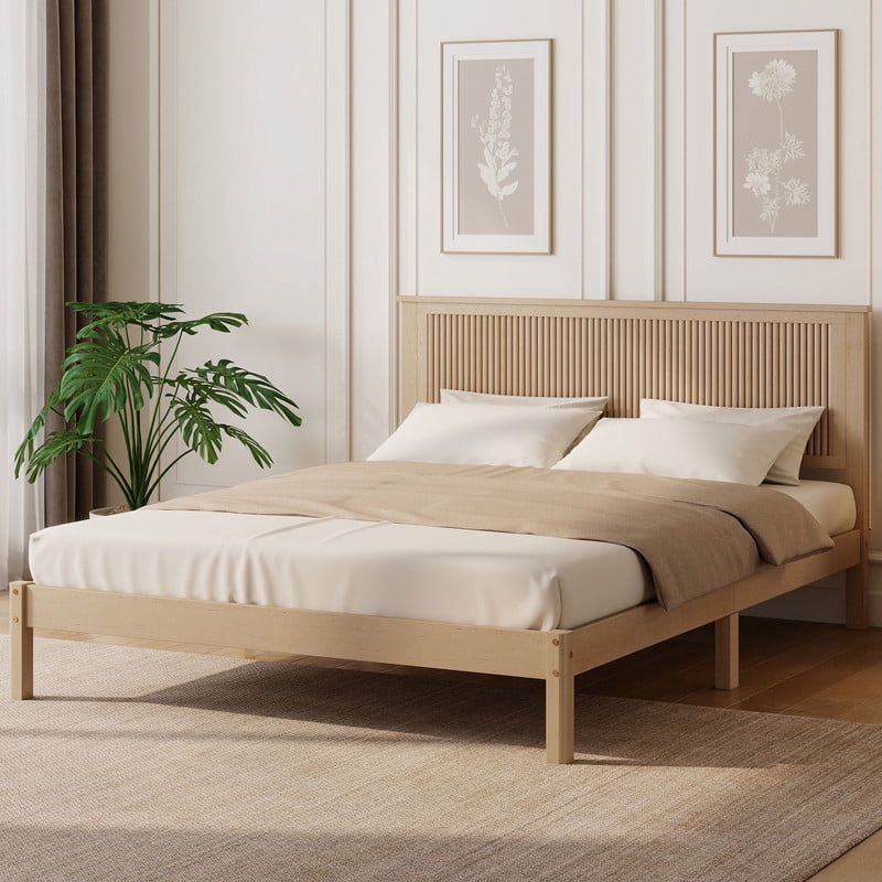 Queen Size Wood Bed Frame with Wave-Fluted Headboard, Low-Profile Platform Bed with Central Support Legs and Under-Bed Space