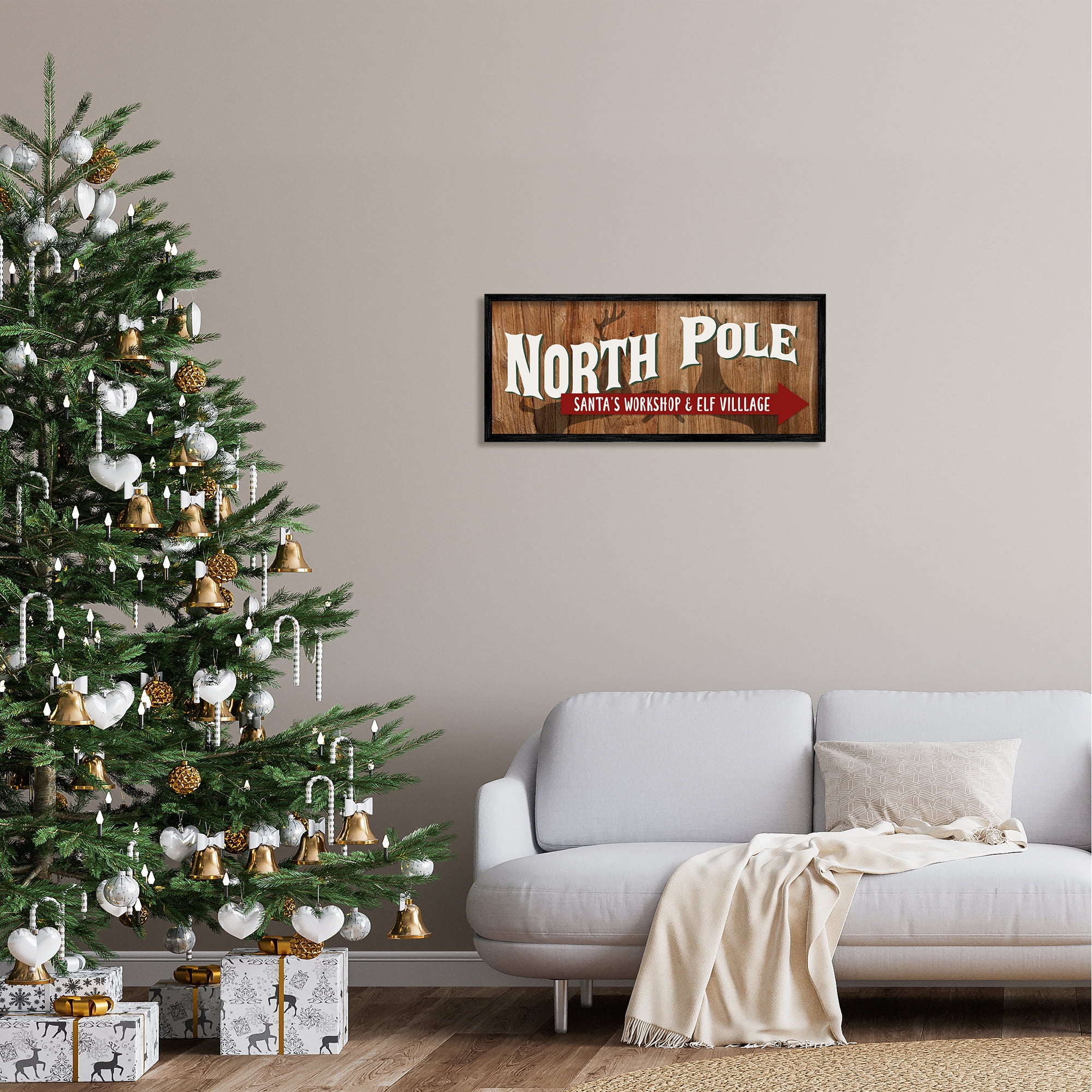 Stupell Industries Rustic North Pole with Arrow Holiday Painting Black Framed Art Print Wall Art, 30 x 13