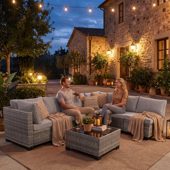 7 Pieces Patio Furniture Set, All-Weather Sectional Sofa PE Rattan Wicker Patio Outdoor Conversation Set with Thickened Cushions and Coffee Table