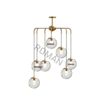 1950's Mid Century 7 Globe Chandelier, Modern light Brass & Glass Globes Ceiling Light Dining Room Chandelier round light fixture.