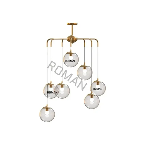 1950's Mid Century 7 Globe Chandelier, Modern light Brass & Glass Globes Ceiling Light Dining Room Chandelier round light fixture.