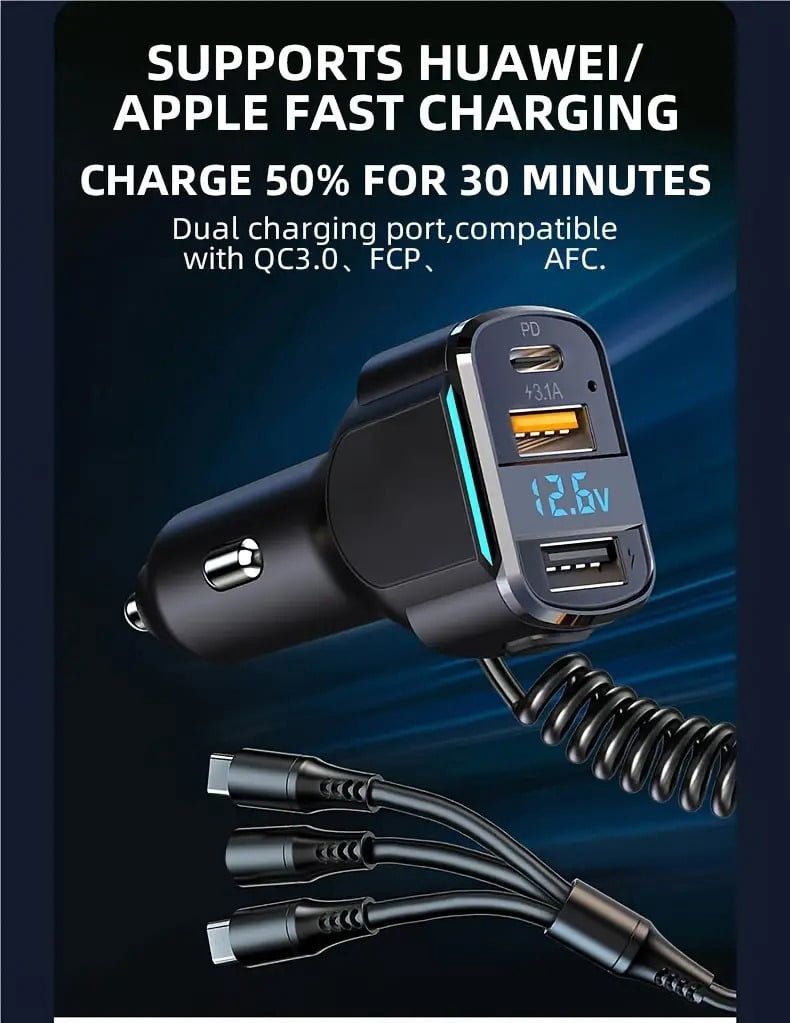 65W USB C Fast Car Charger with PD Quick Charge, Dual Port Cigarette Lighter Car Charger with LED Display, 3 in 1 Elastic Charging Cable, for iPhone and Android